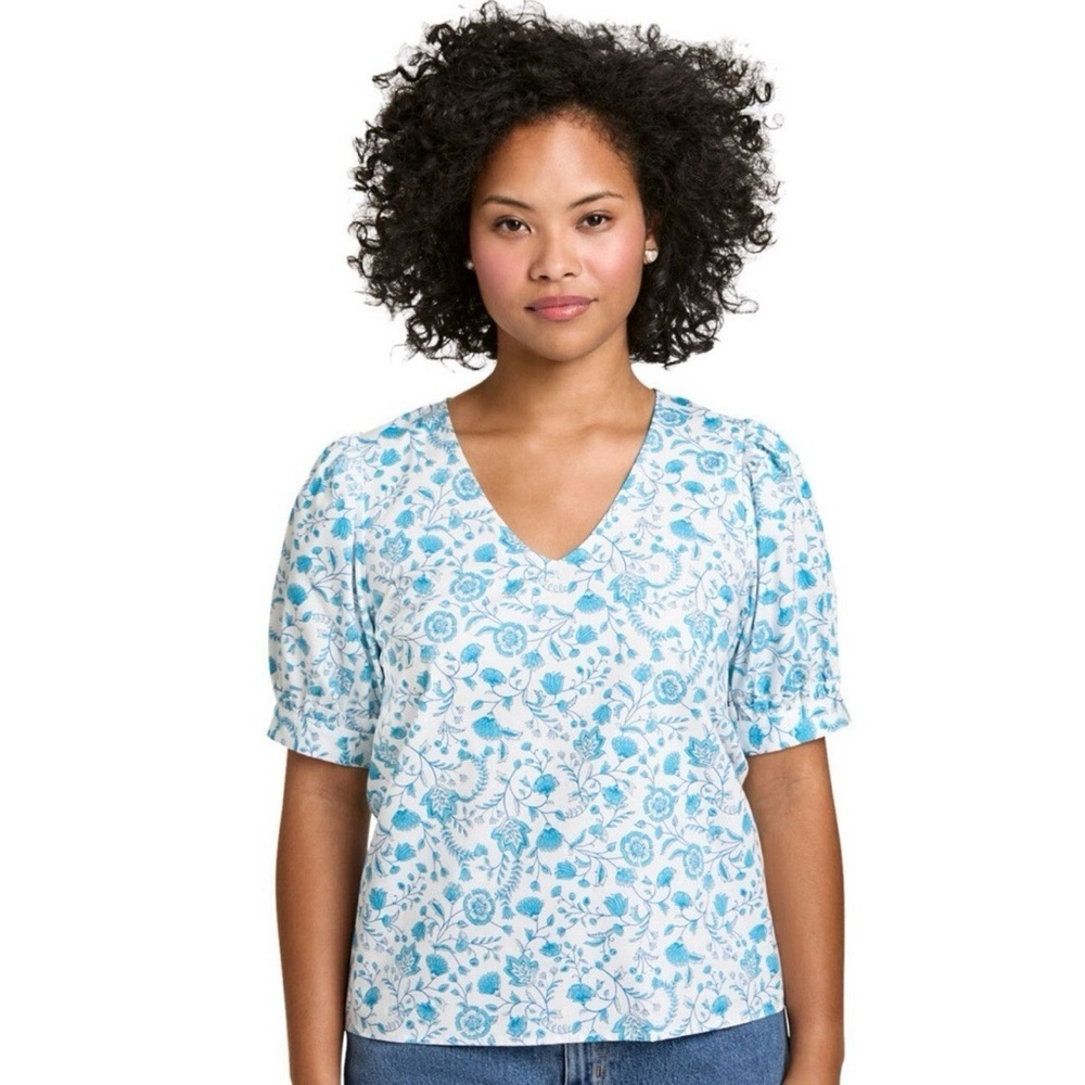 Draper James Heidi puff sleeve v neck blue floral top size XXL